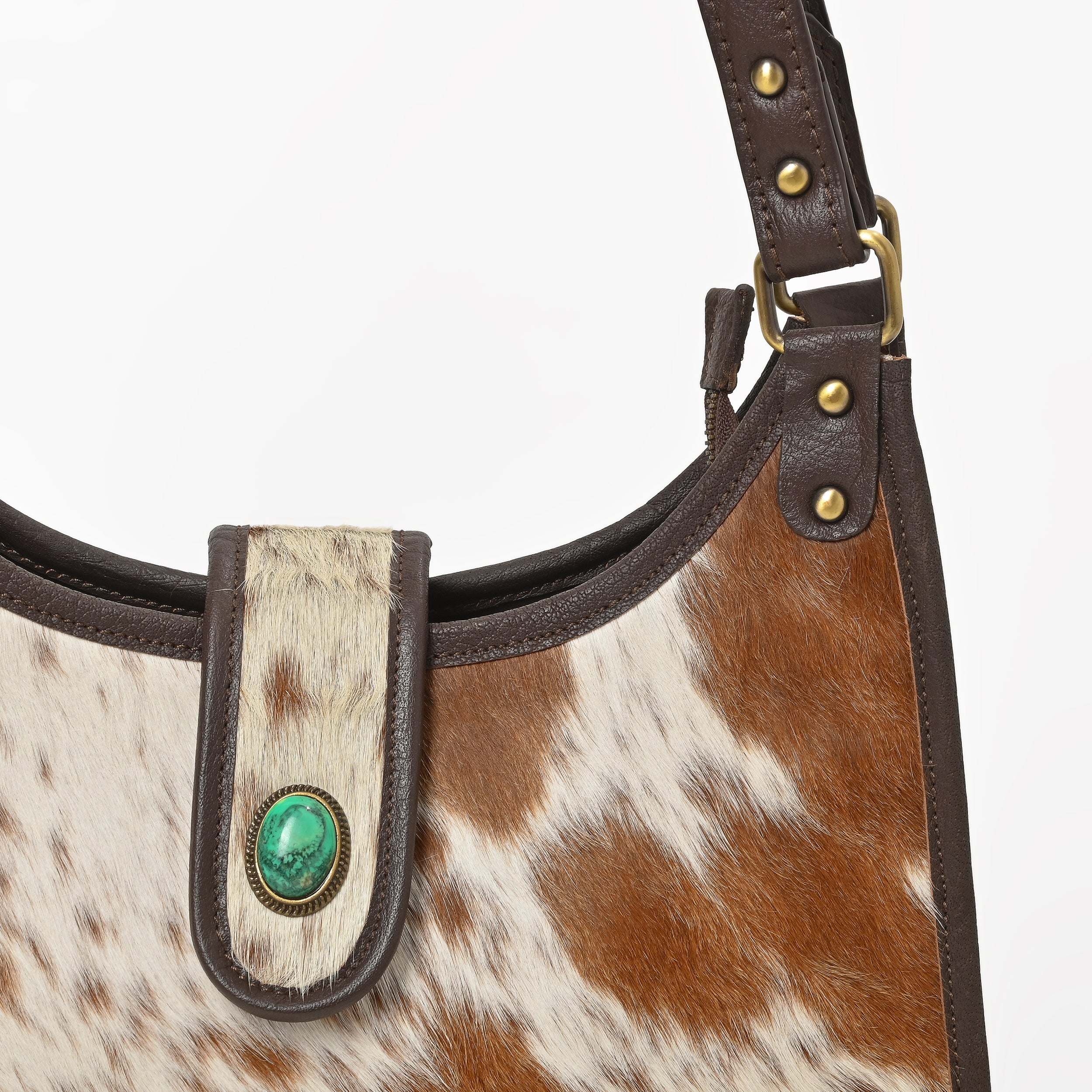 Prairie Moon Hair-On Hide Hobo Bag – Cowhide Leather Shoulder Bag with Turquoise Accent
