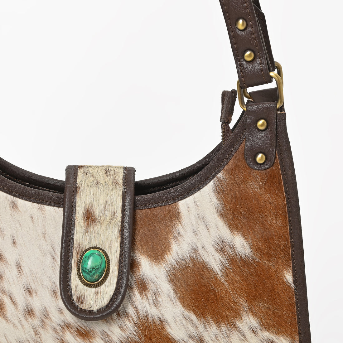 Prairie Moon Hair-On Hide Hobo Bag – Cowhide Leather Shoulder Bag with Turquoise Accent