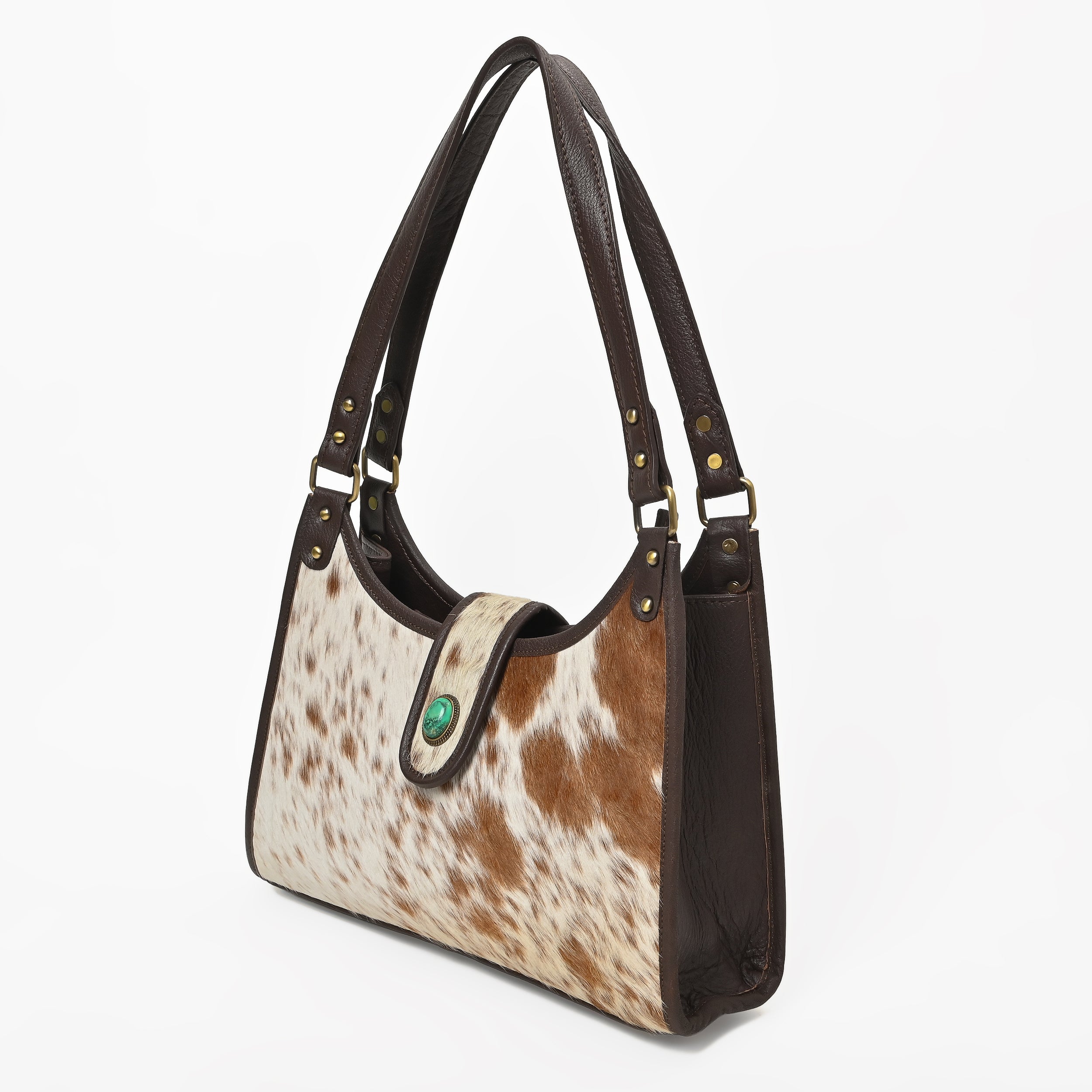 Prairie Moon Hair-On Hide Hobo Bag – Cowhide Leather Shoulder Bag with Turquoise Accent