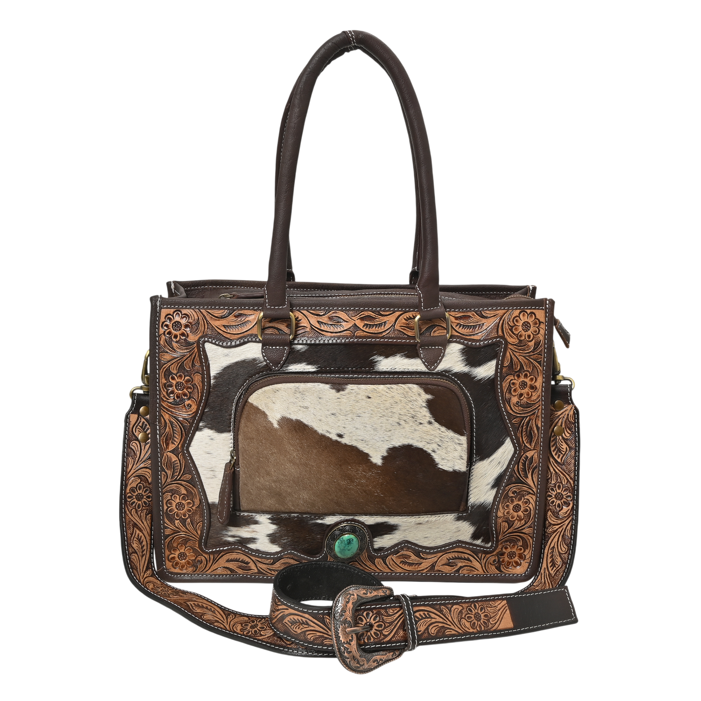 Desert Bloom Western Leather Tote Bag – Cowhide Floral Tooled Handbag with Strap