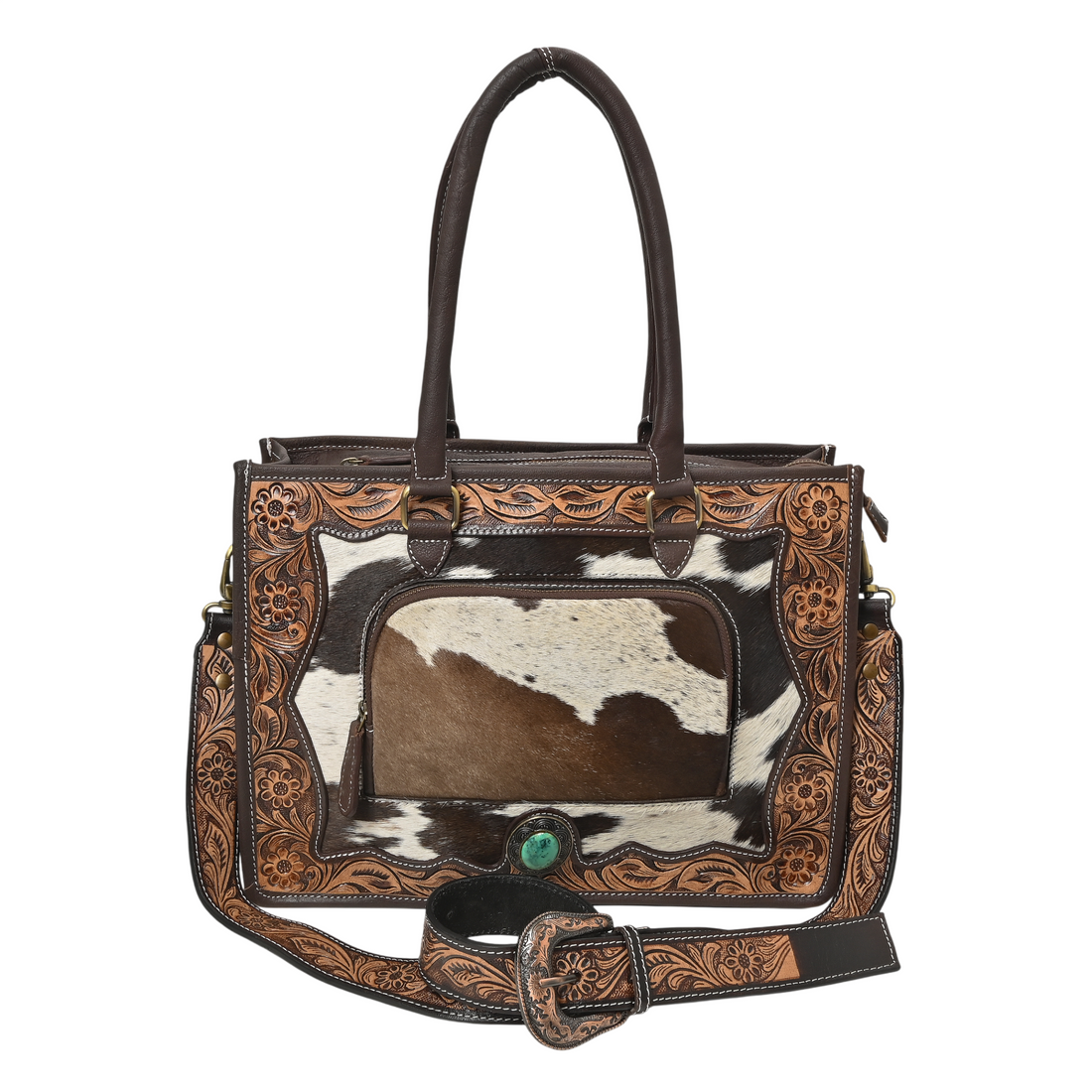 Desert Bloom Western Leather Tote Bag – Cowhide Floral Tooled Handbag with Strap