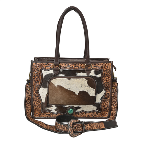 Desert Bloom Western Leather Tote Bag – Cowhide Floral Tooled Handbag with Strap