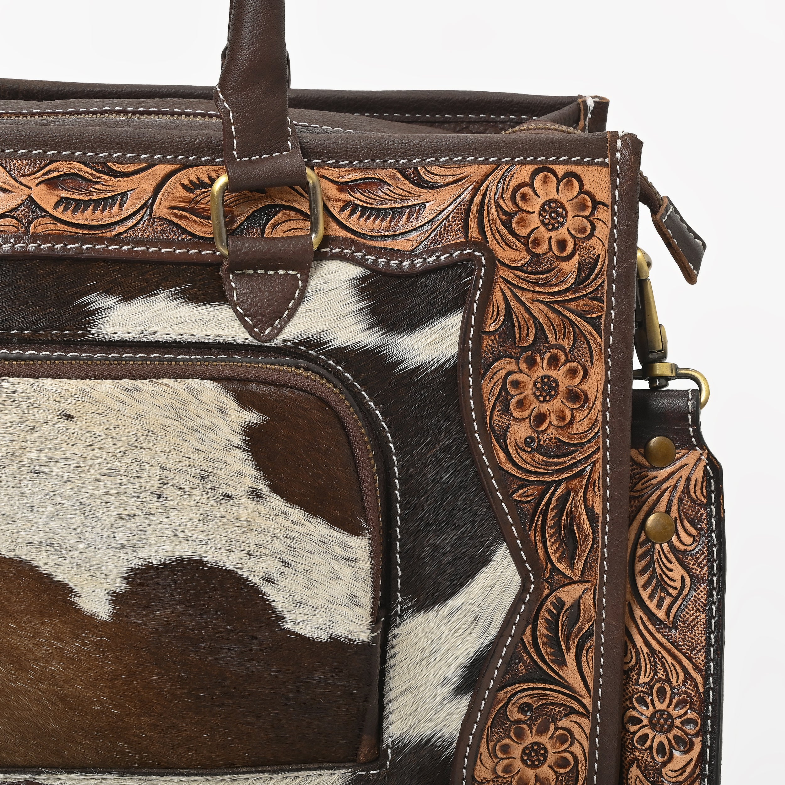Desert Bloom Western Leather Tote Bag – Cowhide Floral Tooled Handbag with Strap