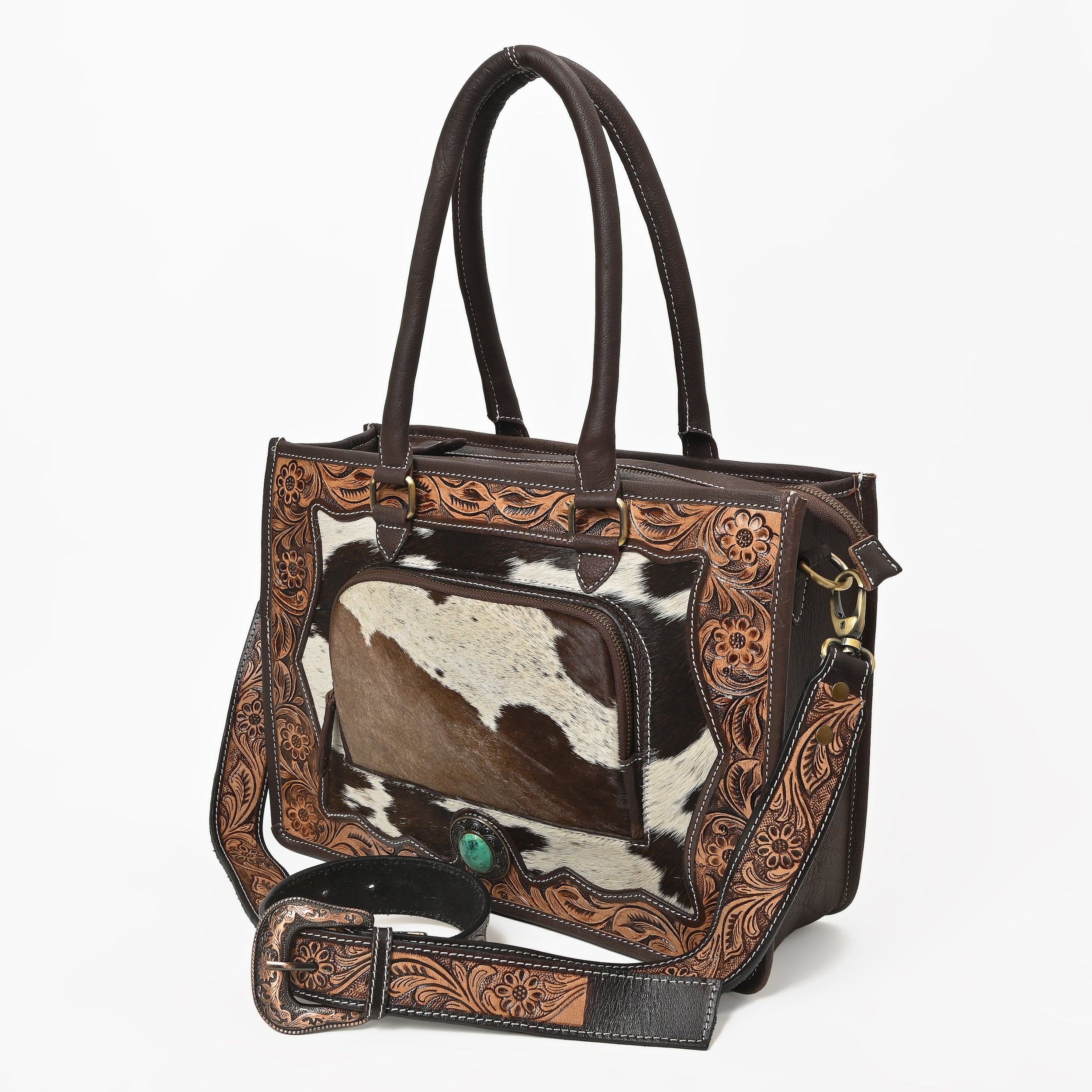 Desert Bloom Western Leather Tote Bag – Cowhide Floral Tooled Handbag with Strap