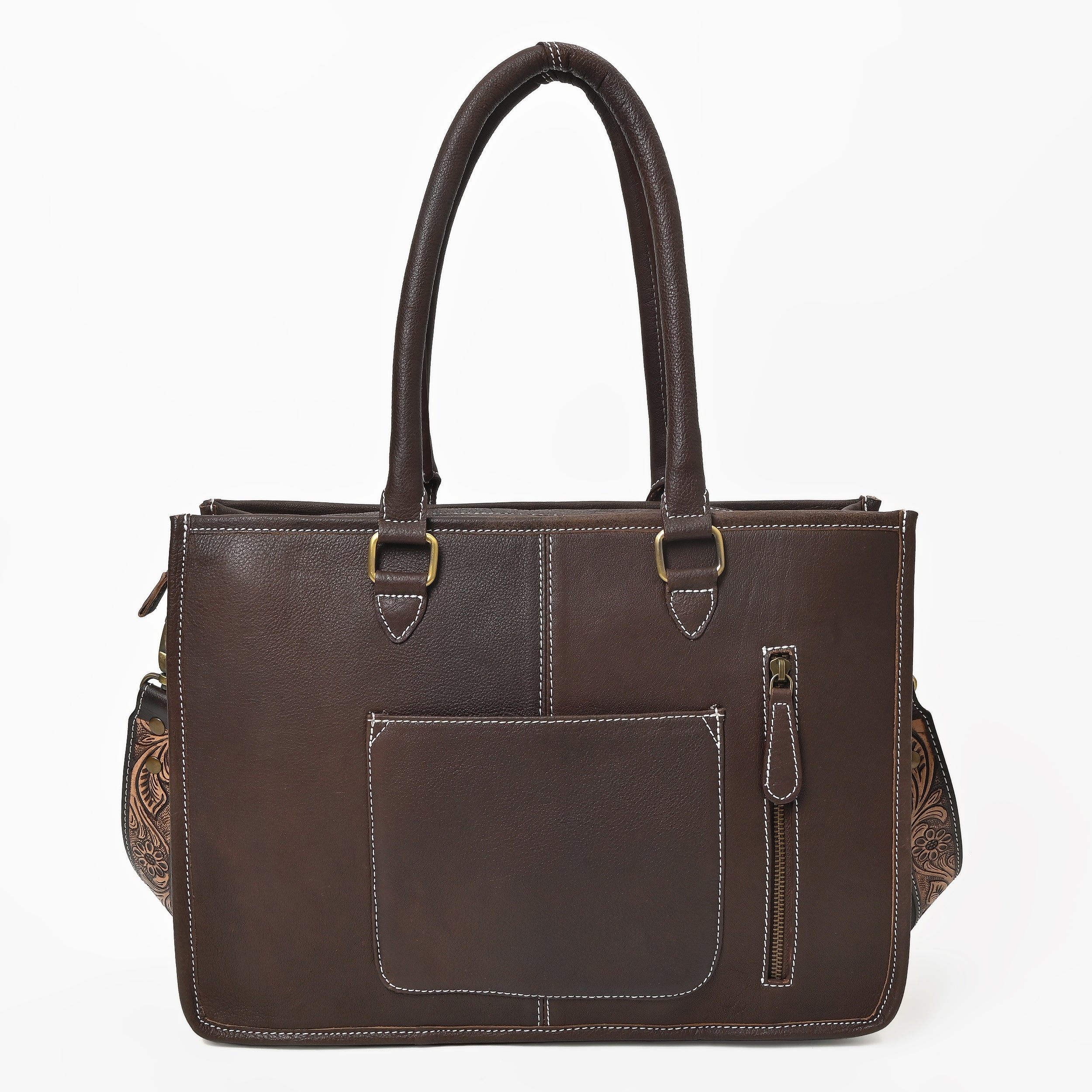 Desert Bloom Western Leather Tote Bag – Cowhide Floral Tooled Handbag with Strap