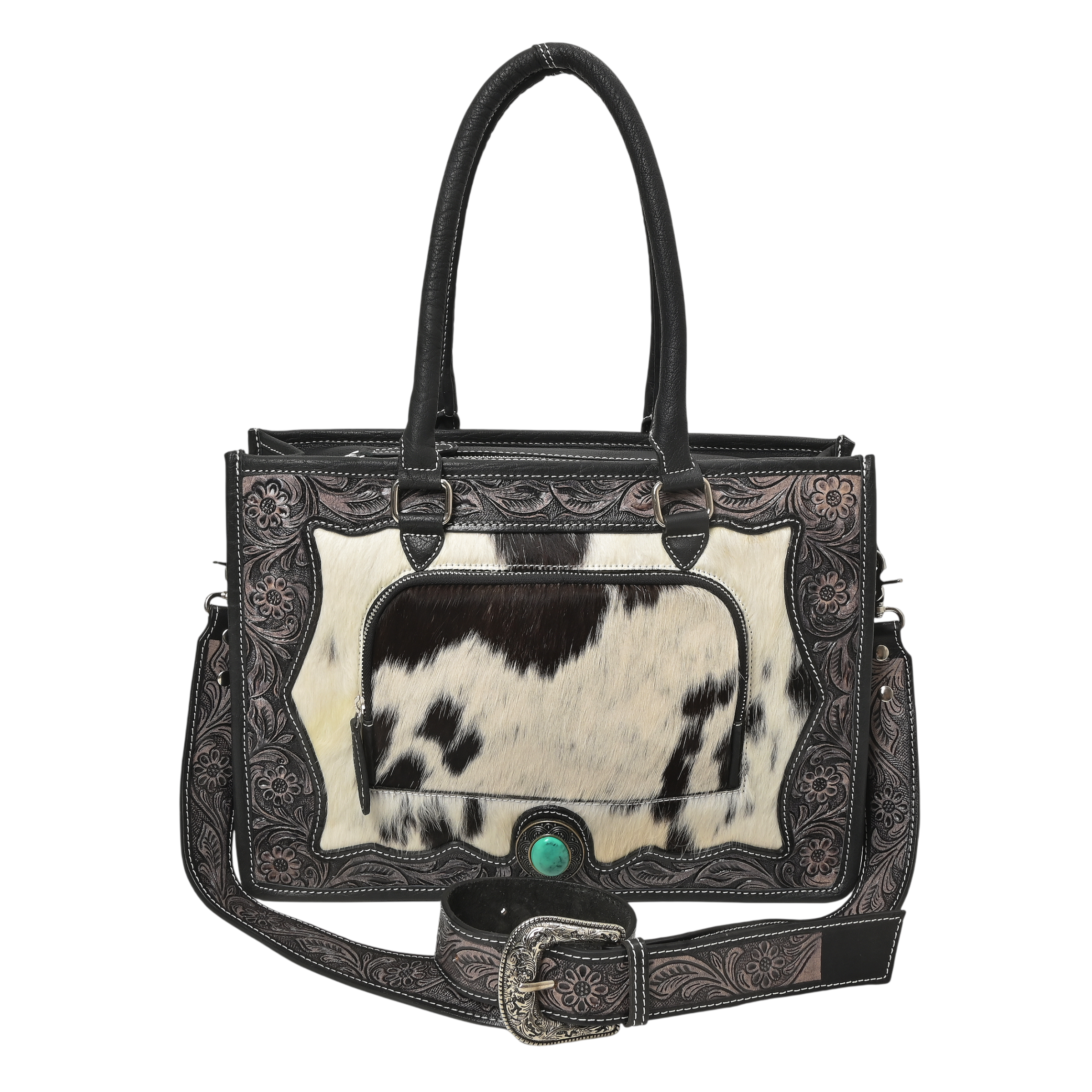 Desert Bloom Western Leather Tote Bag – Cowhide Floral Tooled Handbag with Strap