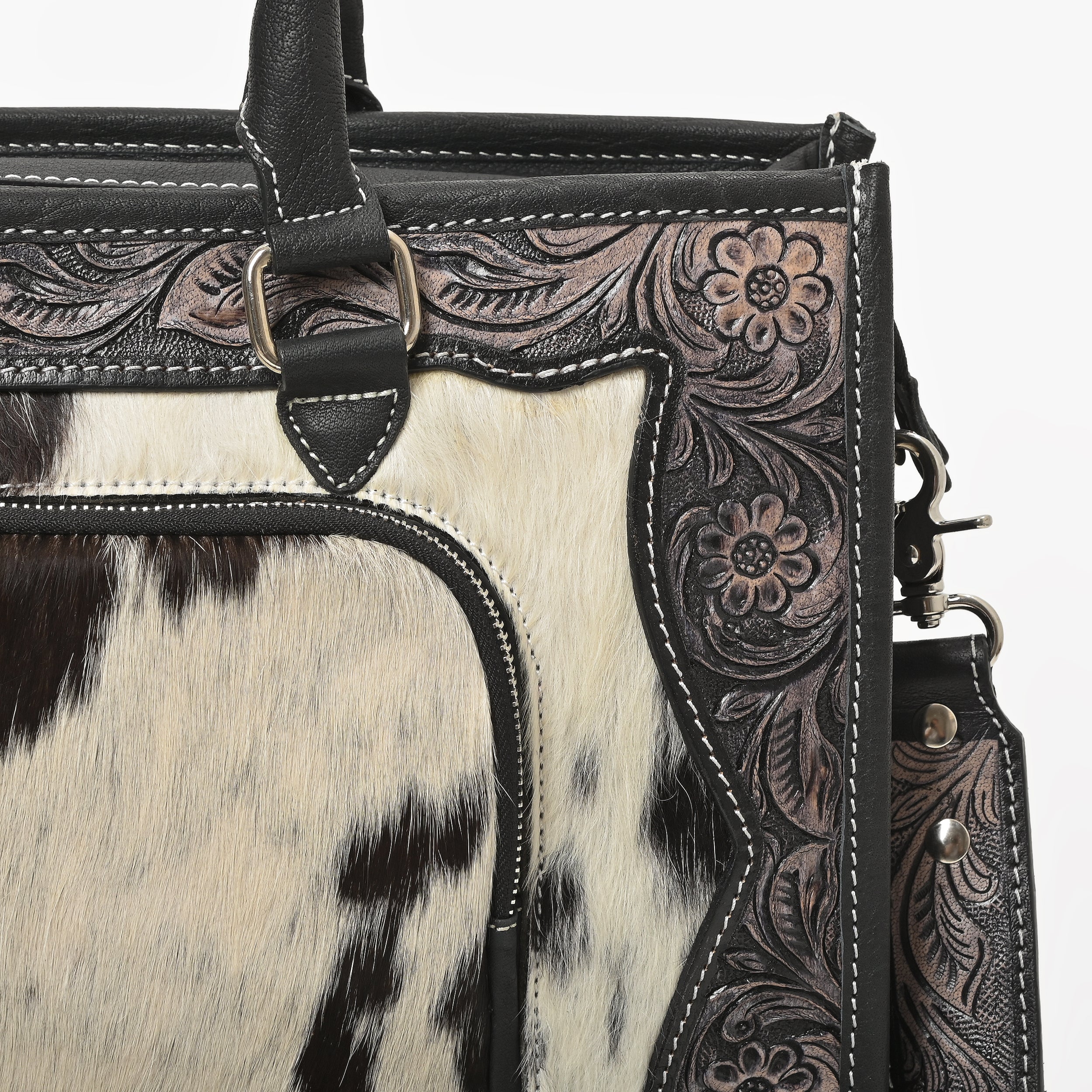 Desert Bloom Western Leather Tote Bag – Cowhide Floral Tooled Handbag with Strap