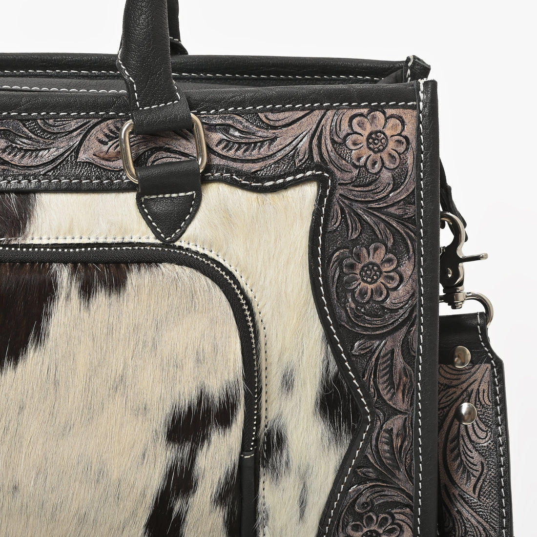 Desert Bloom Western Leather Tote Bag – Cowhide Floral Tooled Handbag with Strap