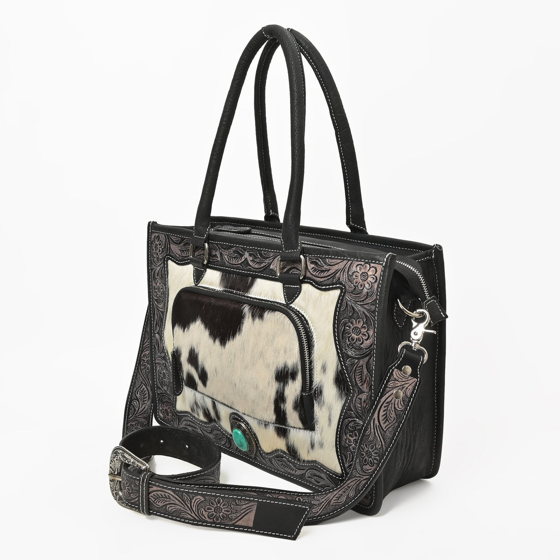 Desert Bloom Western Leather Tote Bag – Cowhide Floral Tooled Handbag with Strap