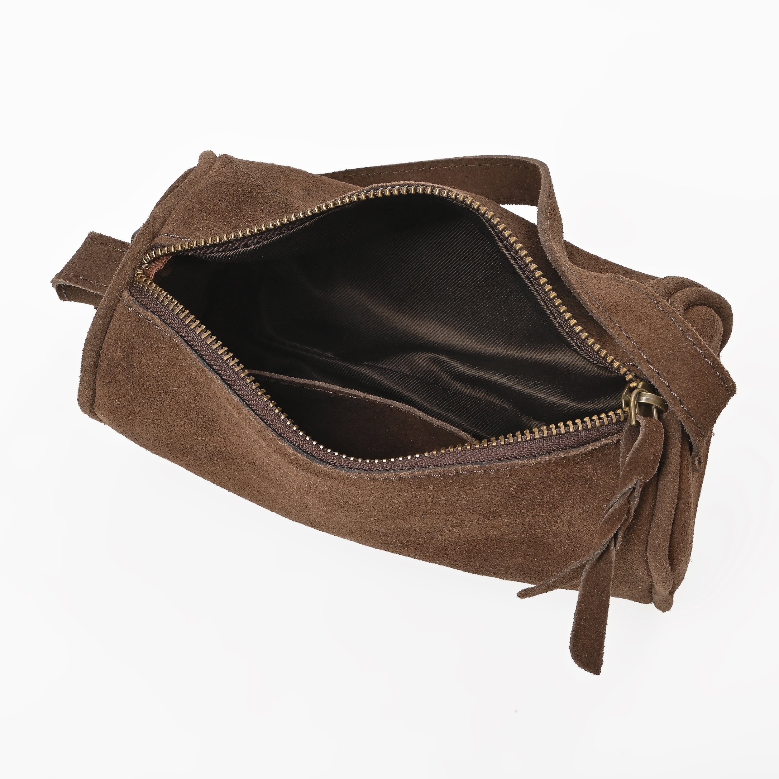 Suncrest Leather Cosmetic Pouch – Suede Makeup Bag with Zipper & Strap
