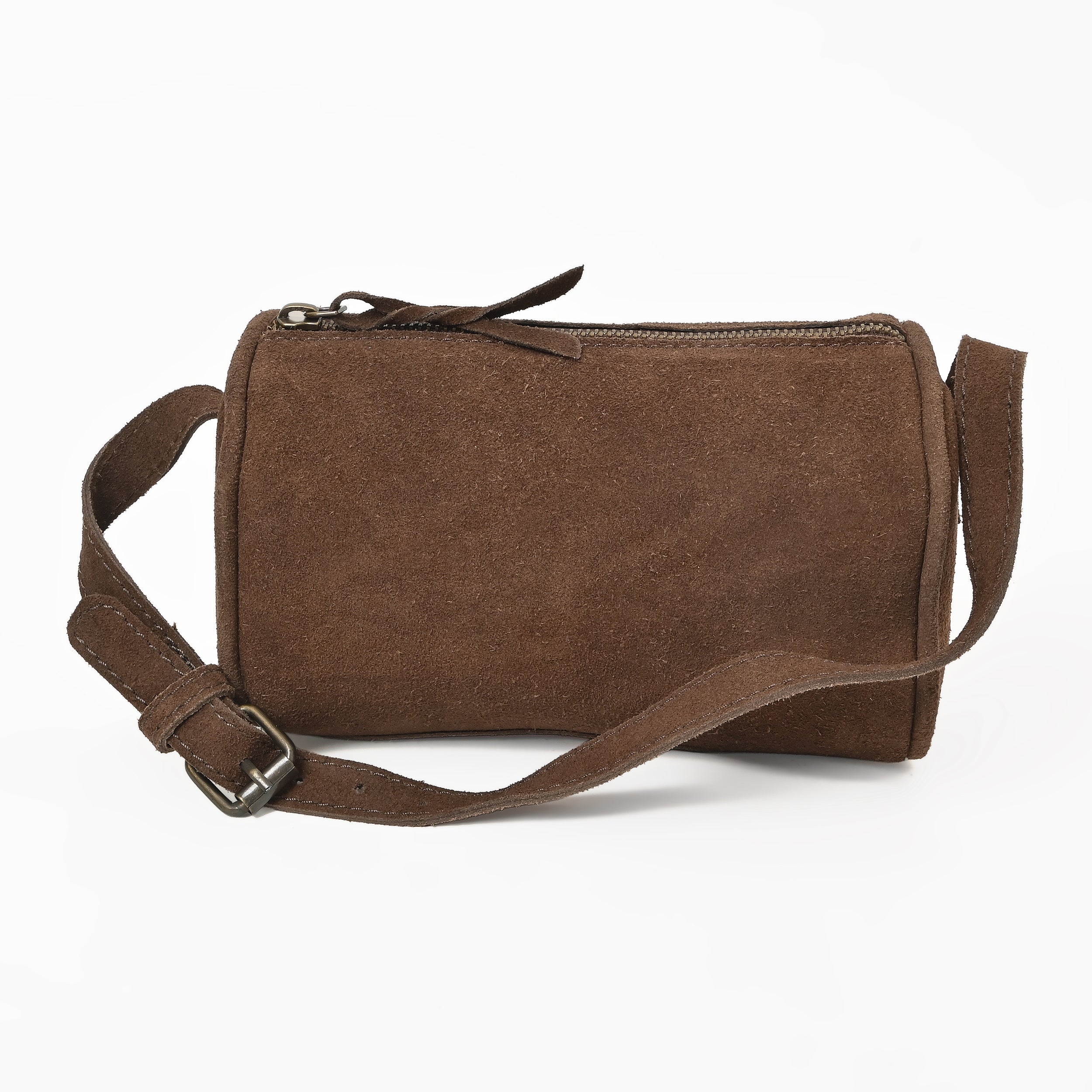 Suncrest Leather Cosmetic Pouch – Suede Makeup Bag with Zipper & Strap