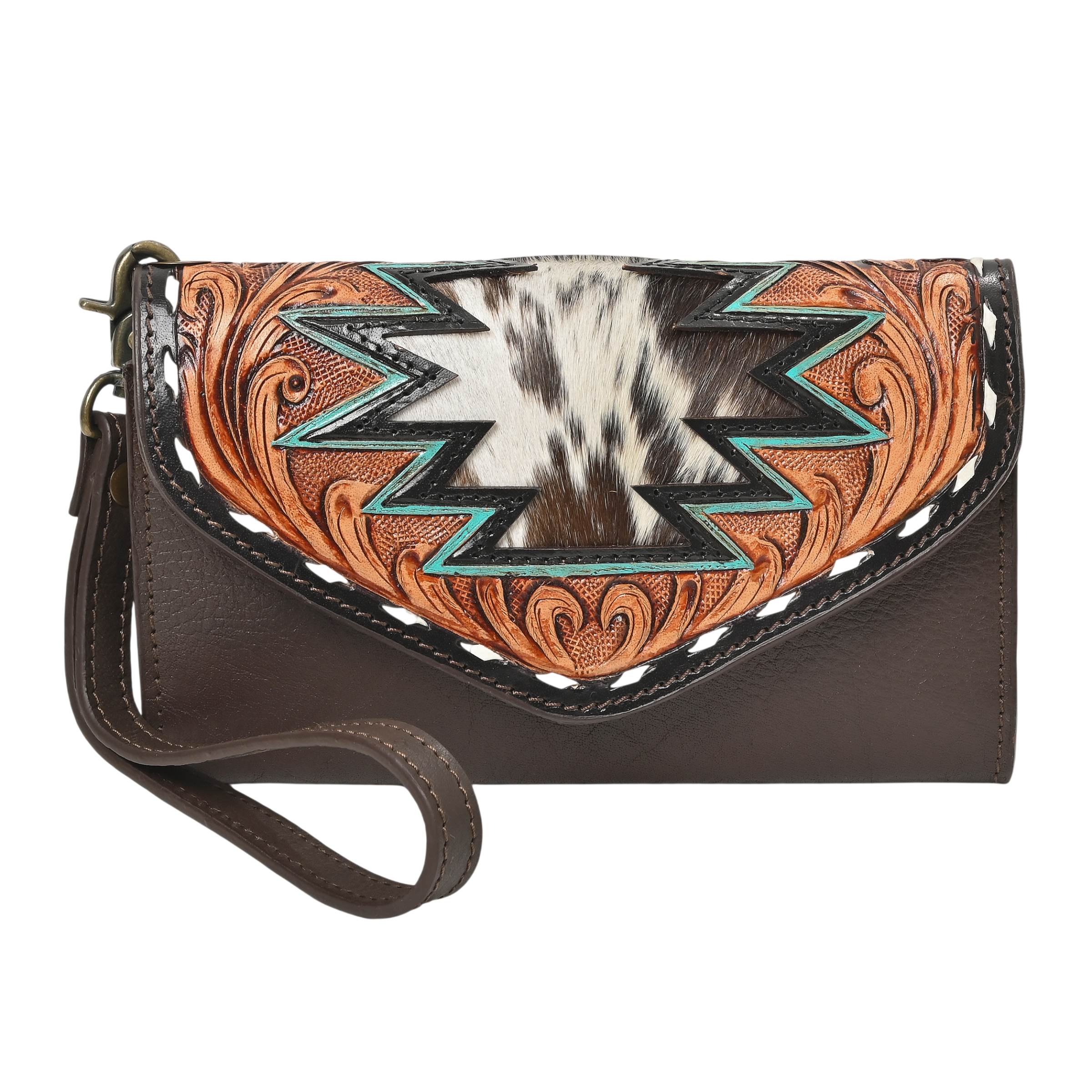 Cowgirl Tooled Leather Wristlet Wallet – Western Cowhide Clutch with Strap