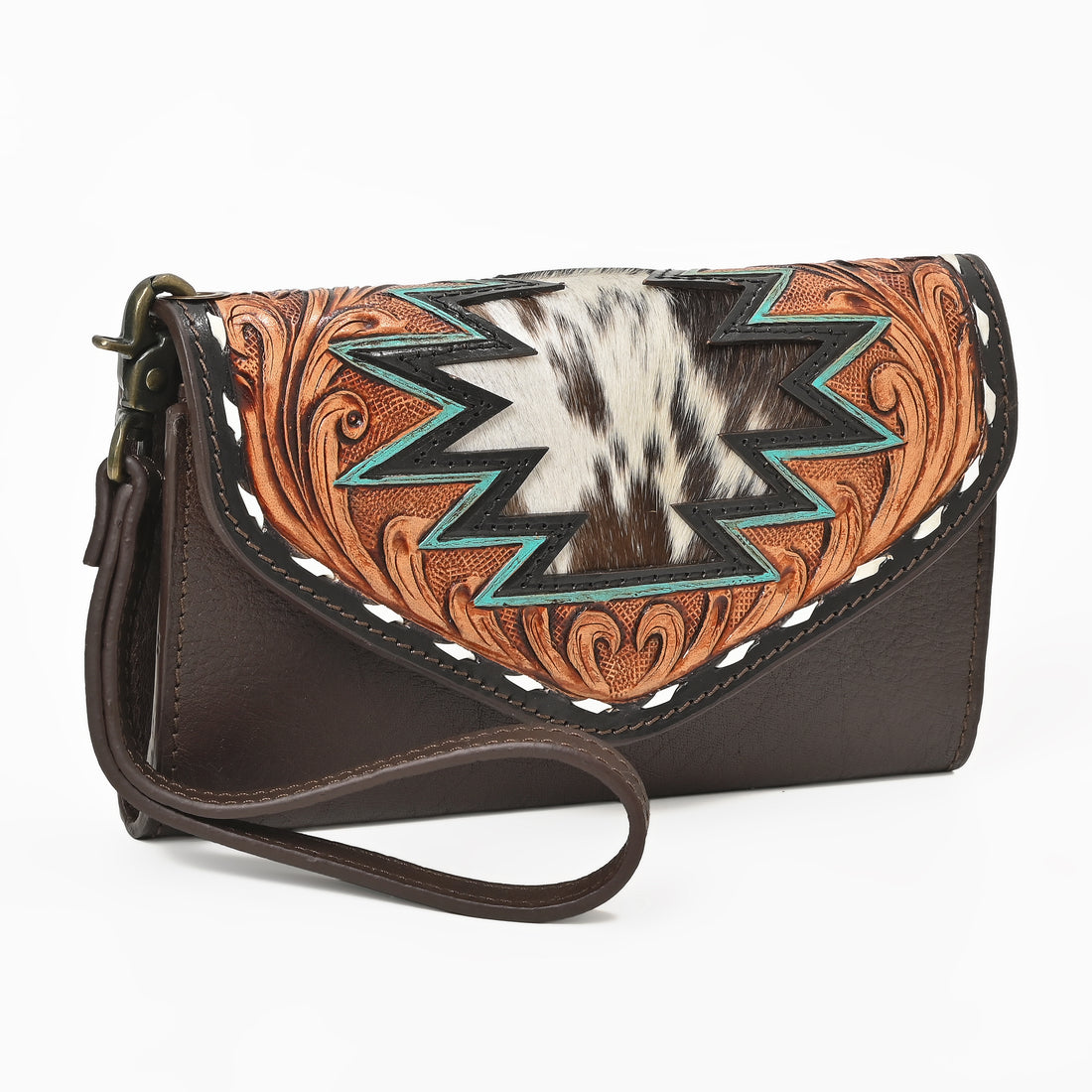 Cowgirl Tooled Leather Wristlet Wallet – Western Cowhide Clutch with Strap