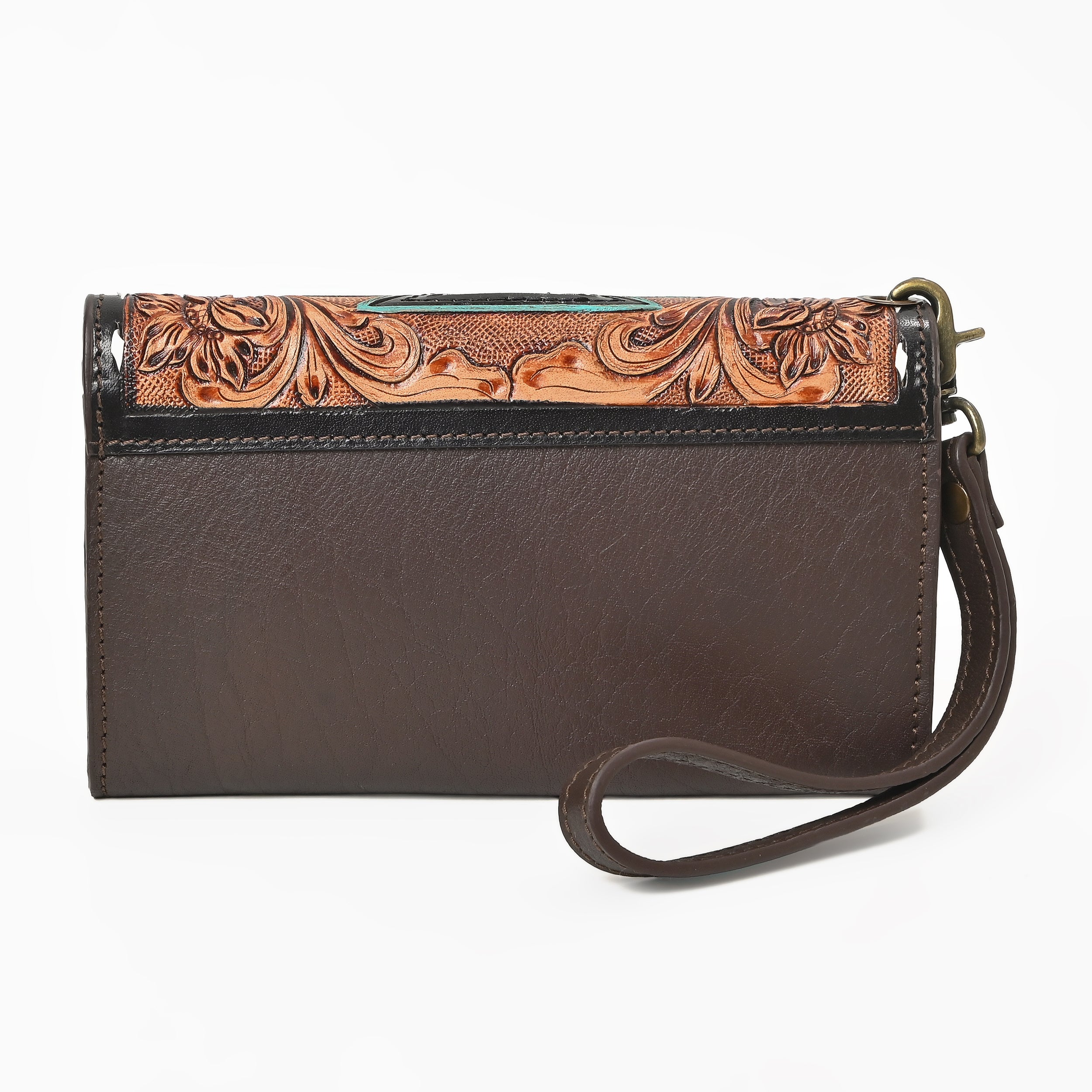 Cowgirl Tooled Leather Wristlet Wallet – Western Cowhide Clutch with Strap