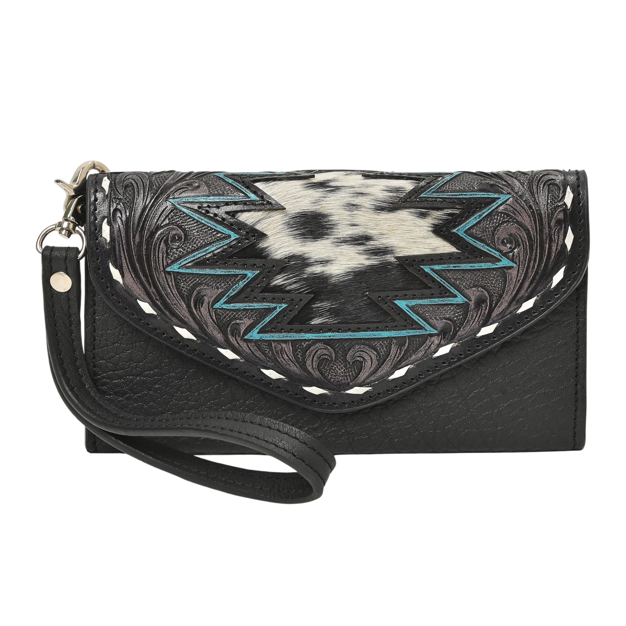 Cowgirl Tooled Leather Wristlet Wallet – Western Cowhide Clutch with Strap