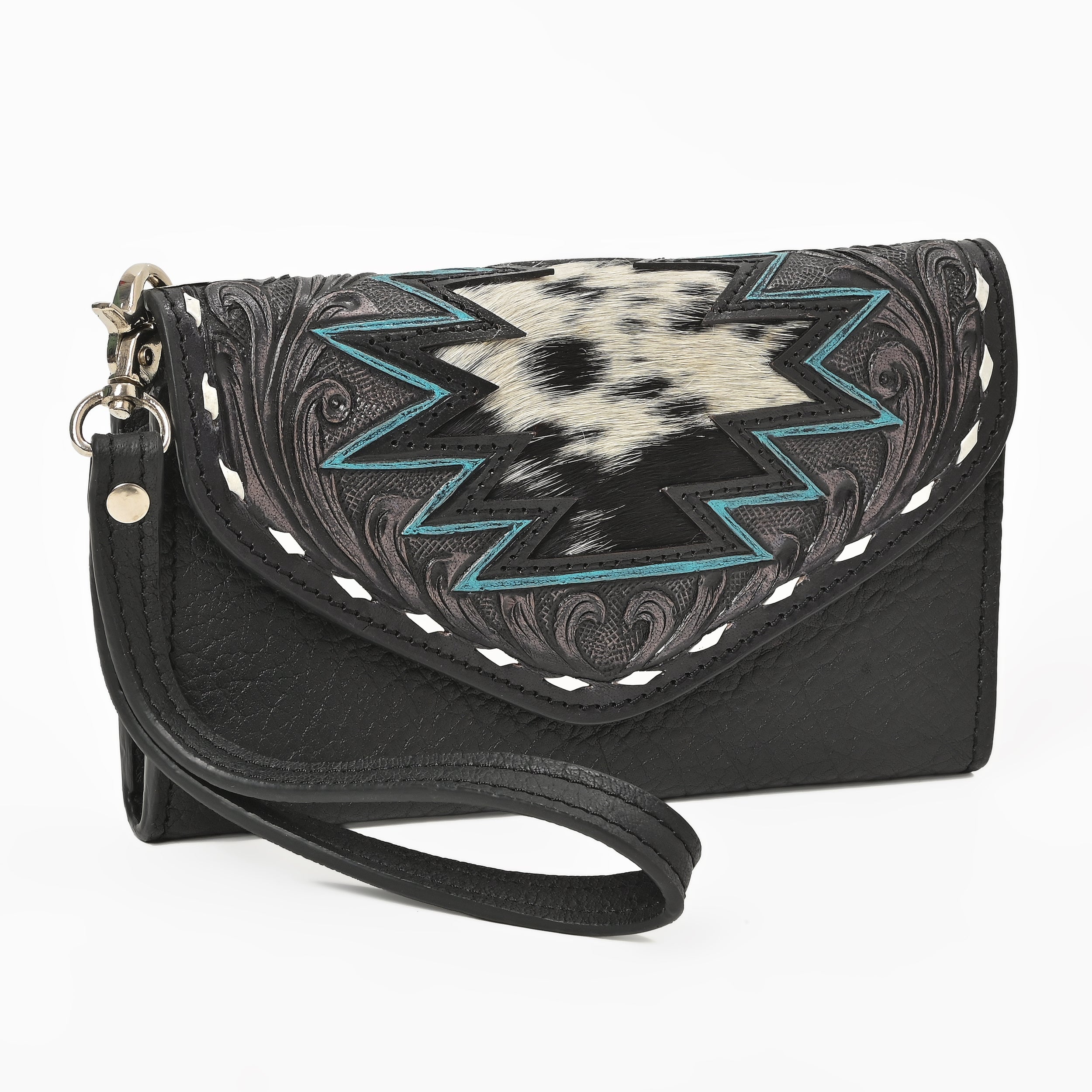 Cowgirl Tooled Leather Wristlet Wallet – Western Cowhide Clutch with Strap