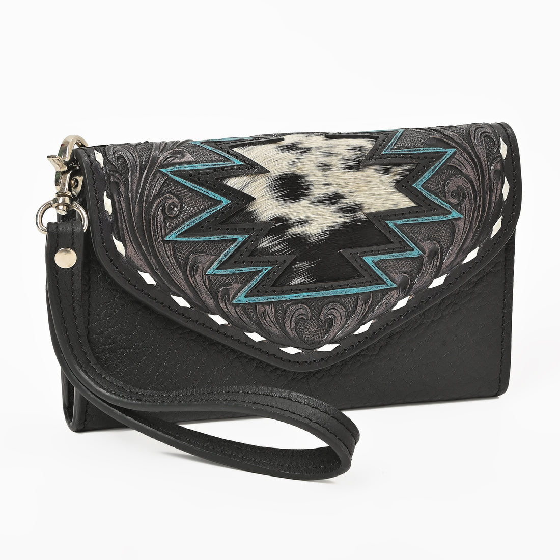 Cowgirl Tooled Leather Wristlet Wallet – Western Cowhide Clutch with Strap