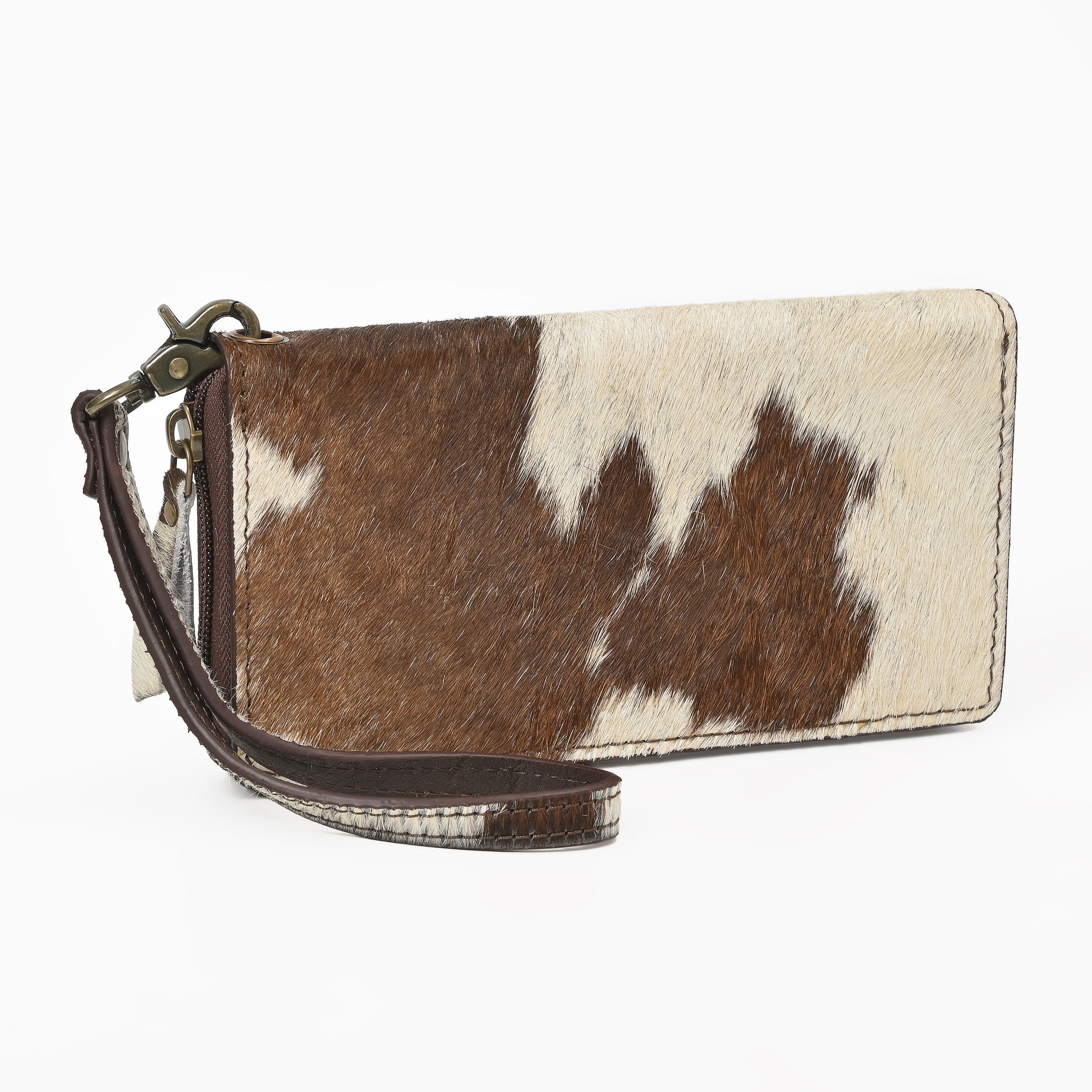 Cowhide Leather Wristlet Wallet – Hair-On Leather Clutch with Zipper & Strap