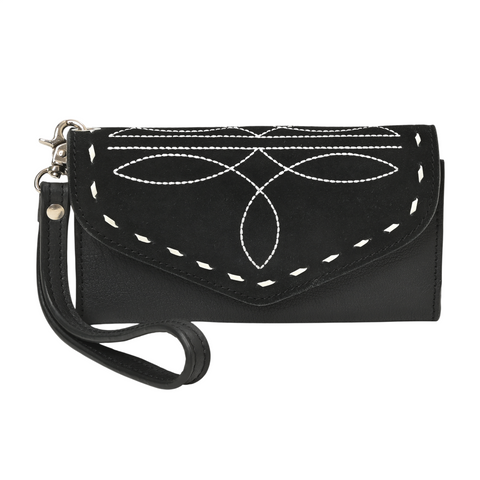 Cowgirl Boot Stitch Leather Wristlet Wallet – Western Style Clutch with Strap