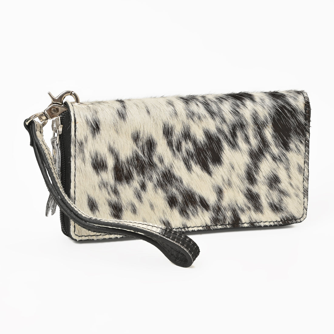 Cowhide Leather Wristlet Wallet – Hair-On Leather Clutch with Zipper & Strap