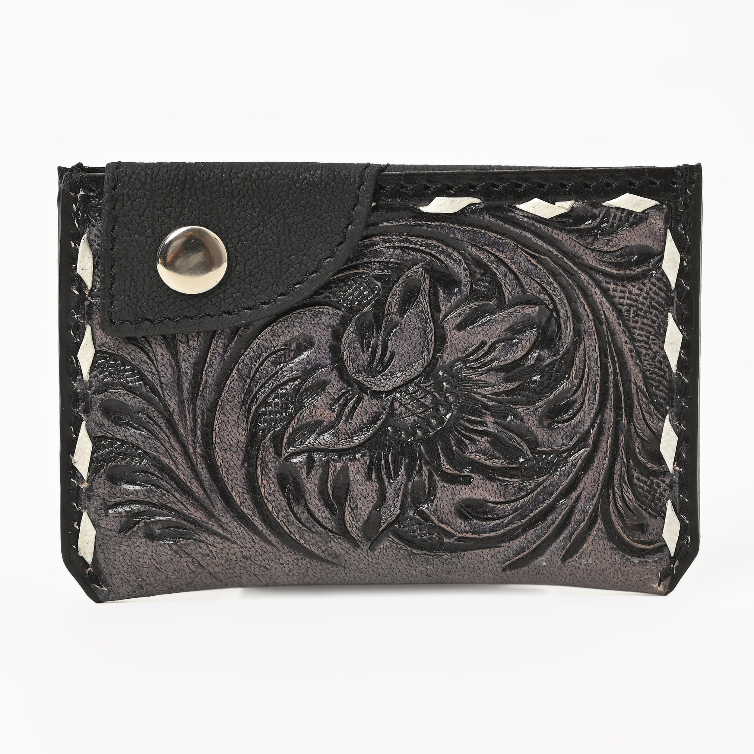 Thunderhide Leather Snap Cardholder – Western Tooled Slim Wallet with Cowhide Detail