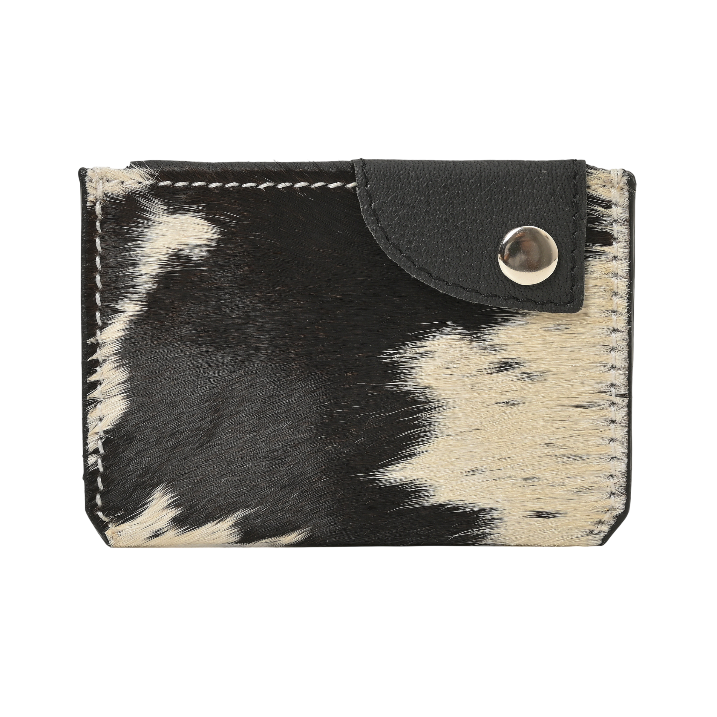 Western Cowhide Leather Snap Cardholder – Slim Hair-On Wallet with Button Closure