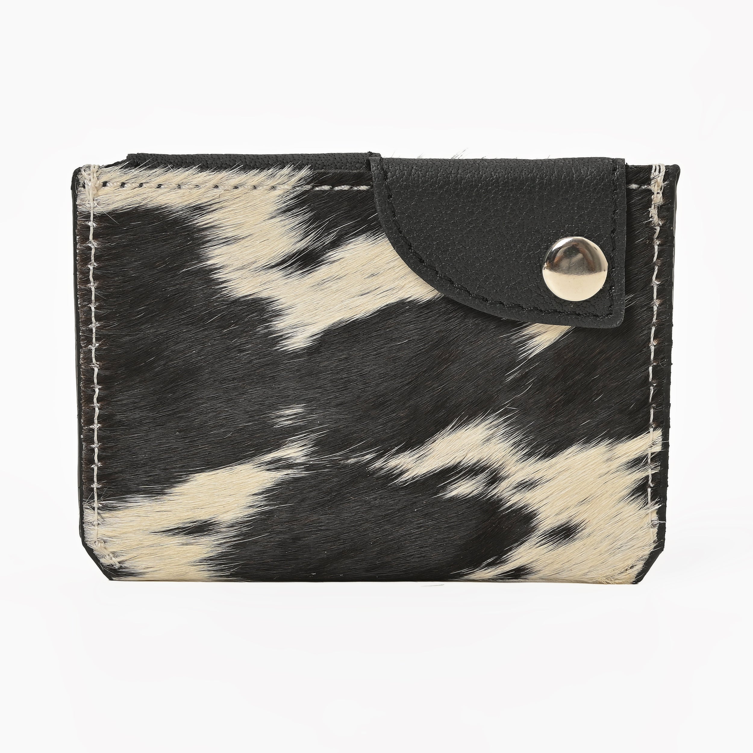Western Cowhide Leather Snap Cardholder – Slim Hair-On Wallet with Button Closure