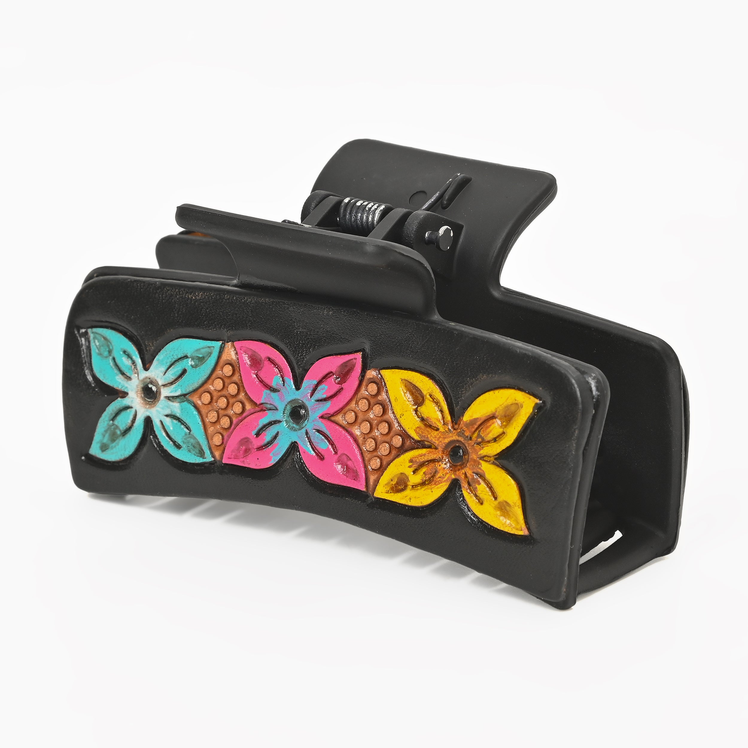 Western Floral Hair Claw Clip – Colorful Leather-Inspired Strong Hold Hair Clamp