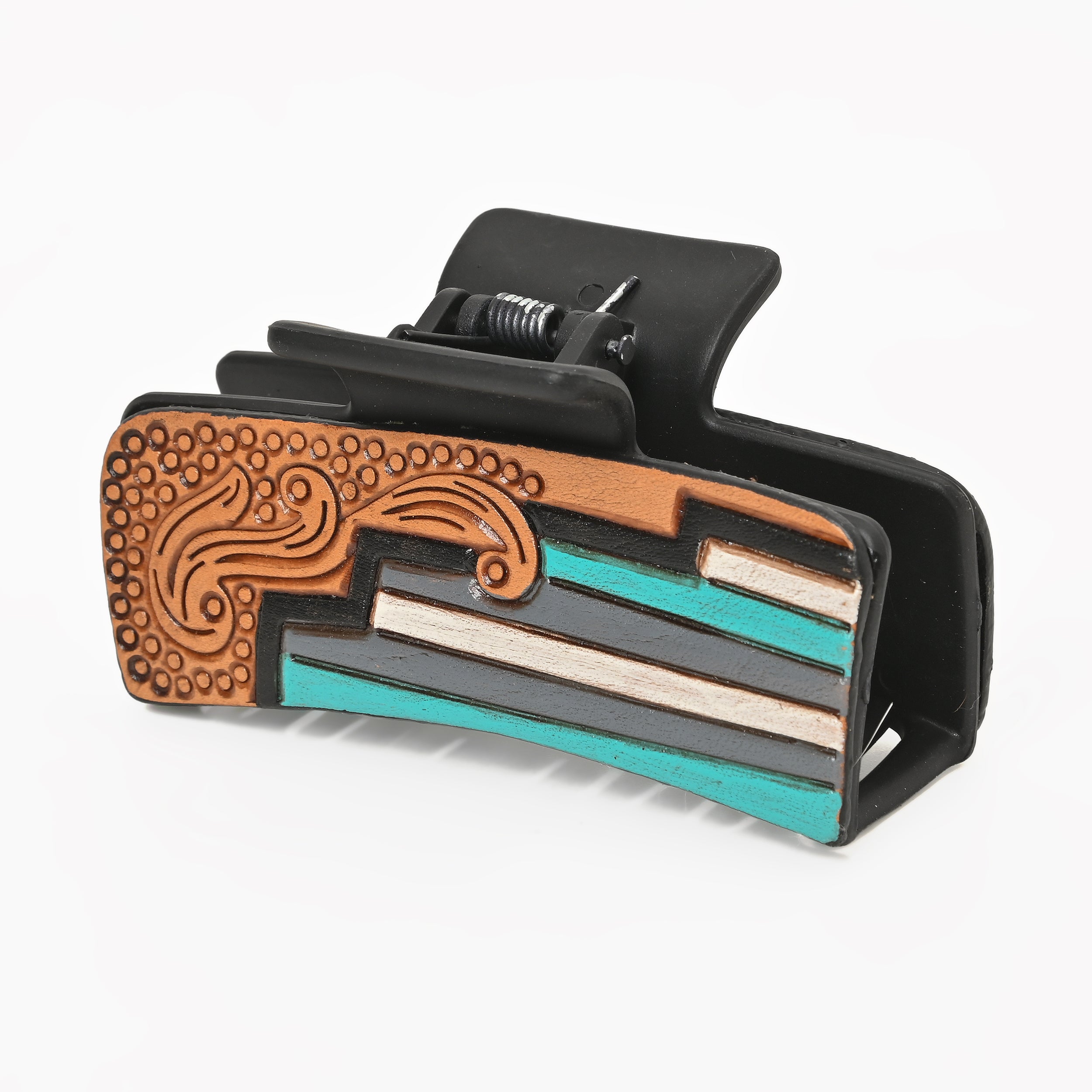Western Stripe Hair Claw Clip – Turquoise Accent Strong Hold Hair Clamp