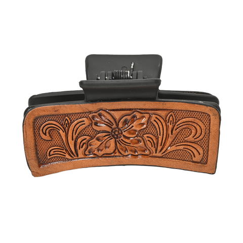 Western Tooled Floral Hair Claw Clip – Leather-Inspired Strong Hold Hair Clamp