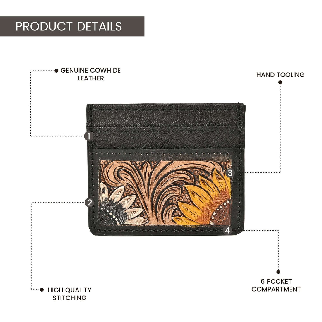 Sunflower Ridge Tooled Card Holder – Handcrafted Leather Wallet