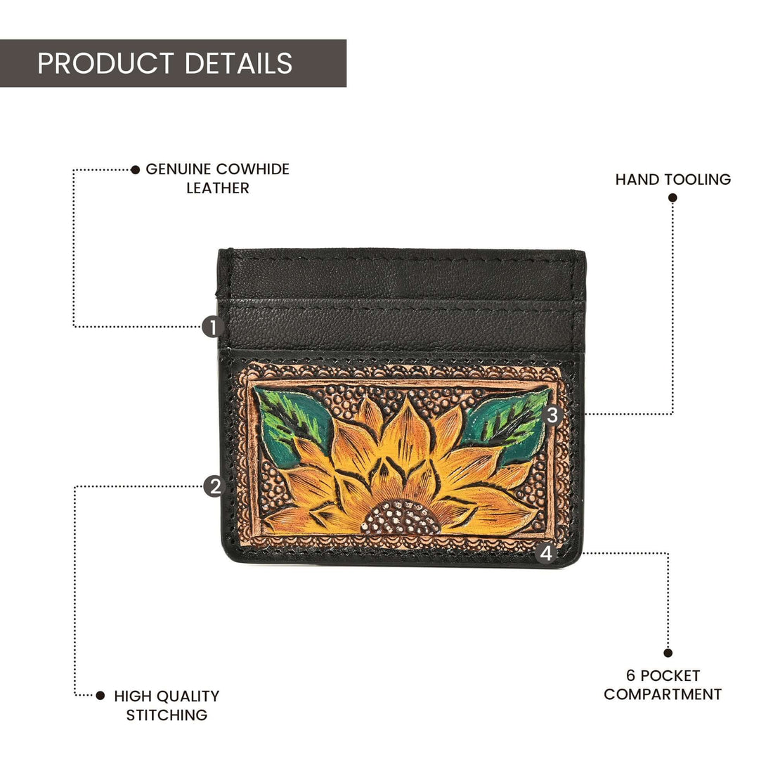 Golden Sunflower Tooled Card Holder – Handcrafted Leather