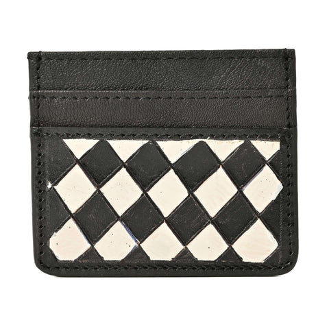 Black & Ivory Grid Card Wallet – Handcrafted Leather