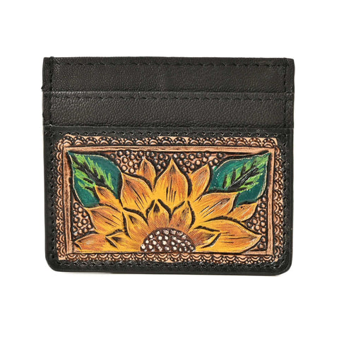 Golden Sunflower Tooled Card Holder – Handcrafted Leather