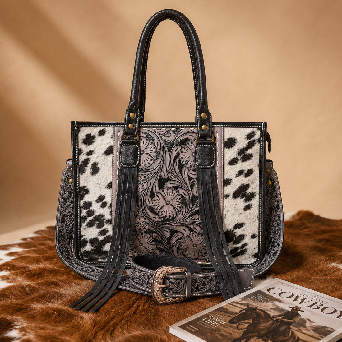 Western Cowhide Hair-On-Hide Leather Tote Bag